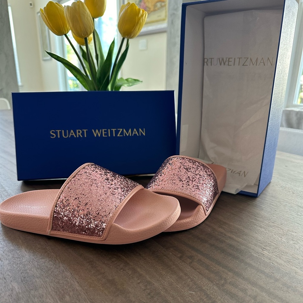 Stuart Weitzman Glitter Pool Slide  Rose Pink Size 8.5  (8 -1/2) never worn w/bx